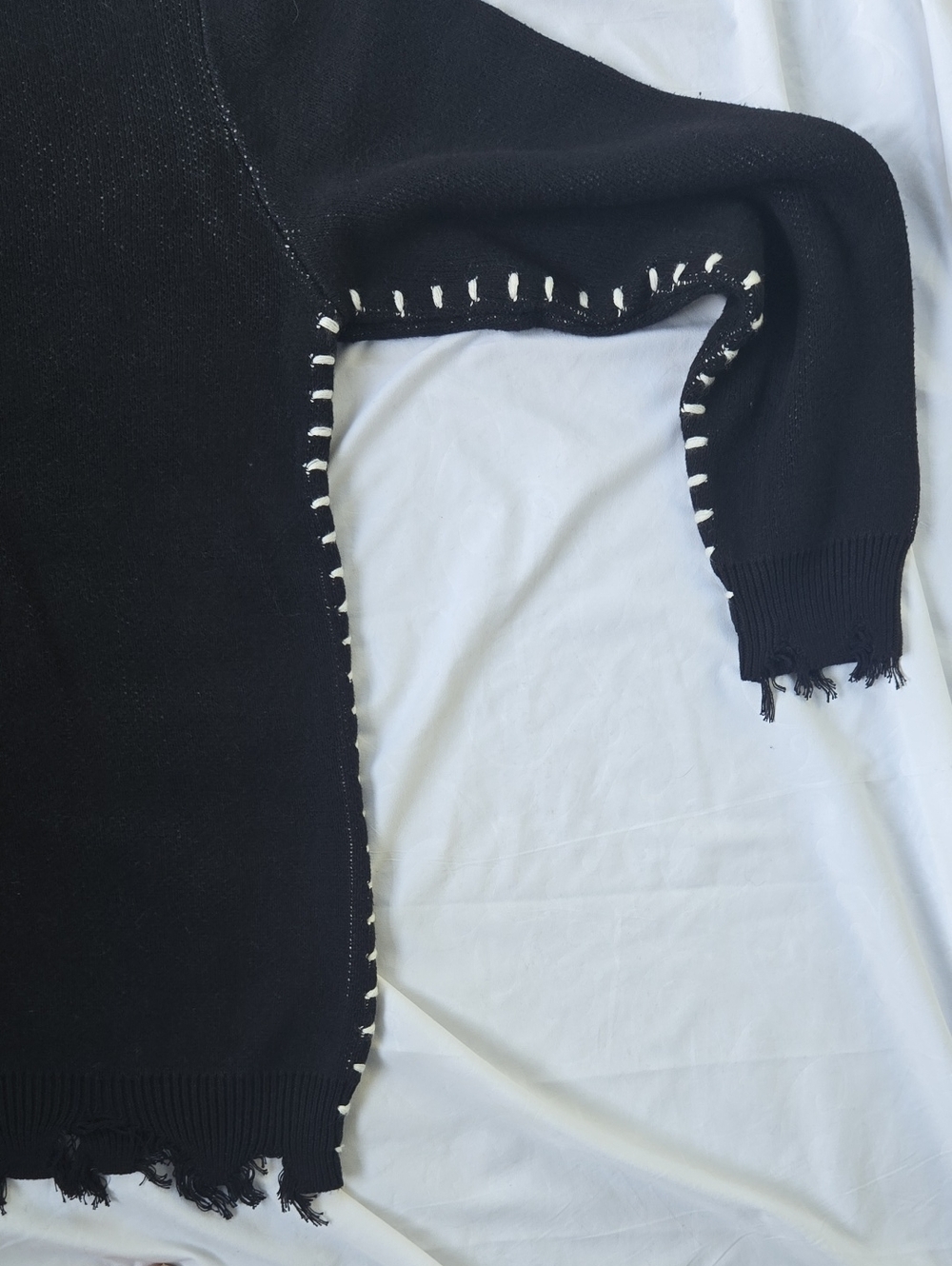 Mens Boho Black Sweater, White Stitching, Fringe OnBottom Of Sleeves & Sweater - Picture 9 of 14